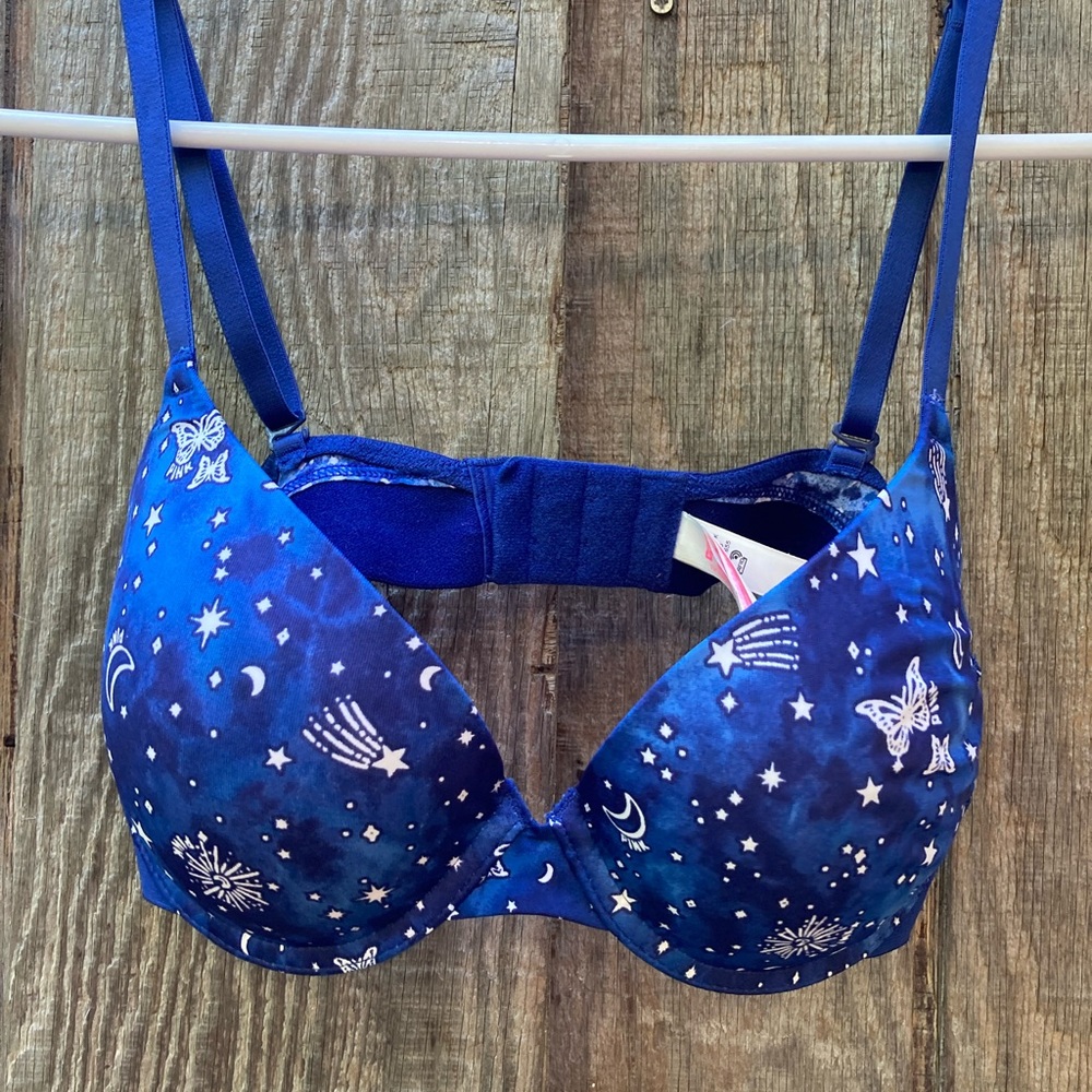 PINK Celestial Print Underwire Push Up Bra in Royal Blue